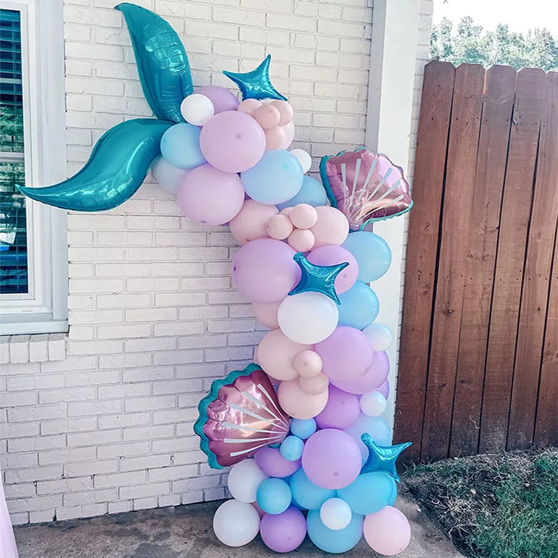 87pcs Mermaid Balloon Garland Arch Kit Purple Blue Balloon With Sea Shell Mermaid Tail Little Mermaid Birthday Party Decoration