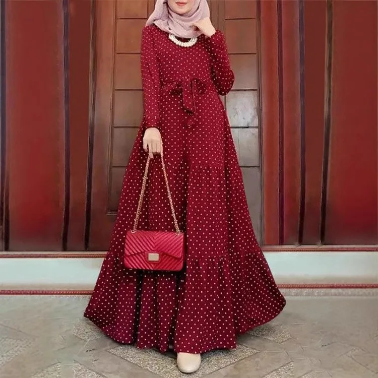 New Muslim Dresses Robe Arrival Muslim Moroccan Polka Dot Long Sleeve Dress Fashion Belt Sundress Party Robe in Stock