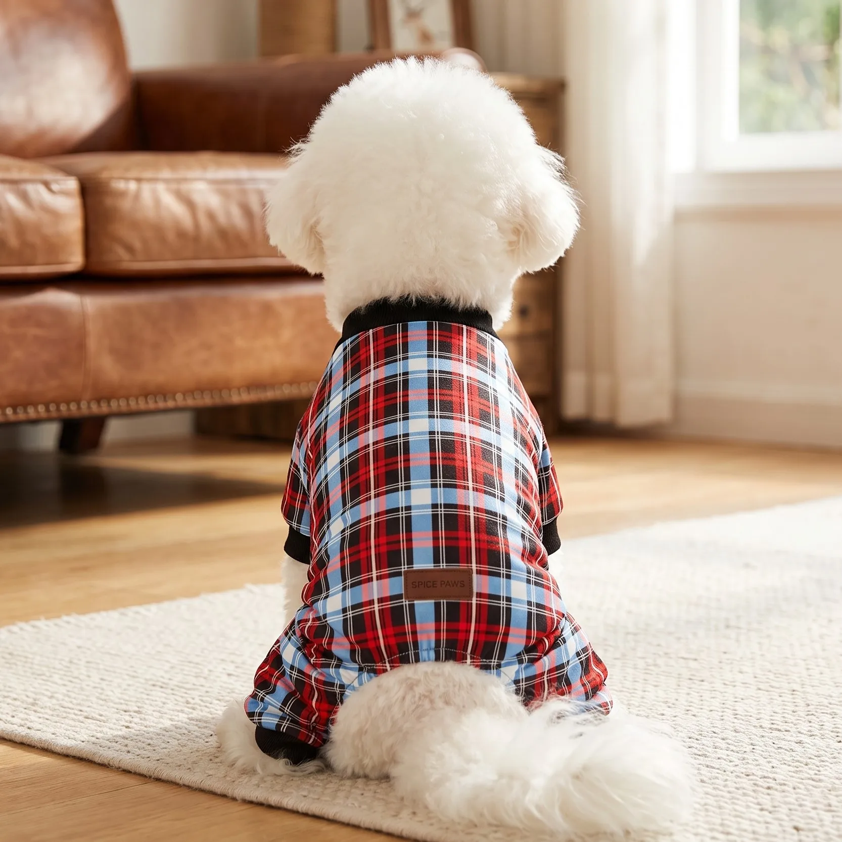 Hundebekleidung für Vierbeiner, Retro-Karomuster-Plüsch-Overall für Haustiere, gerippter Bund, warme Vierbeiner-Hose