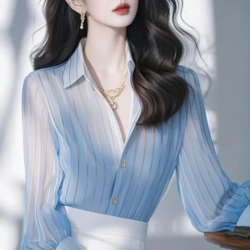 

2025 Spring Fall Women Blue Striped Full Sleeve Top T Shirt , Woman Elegant Office Lady Tops Shirts