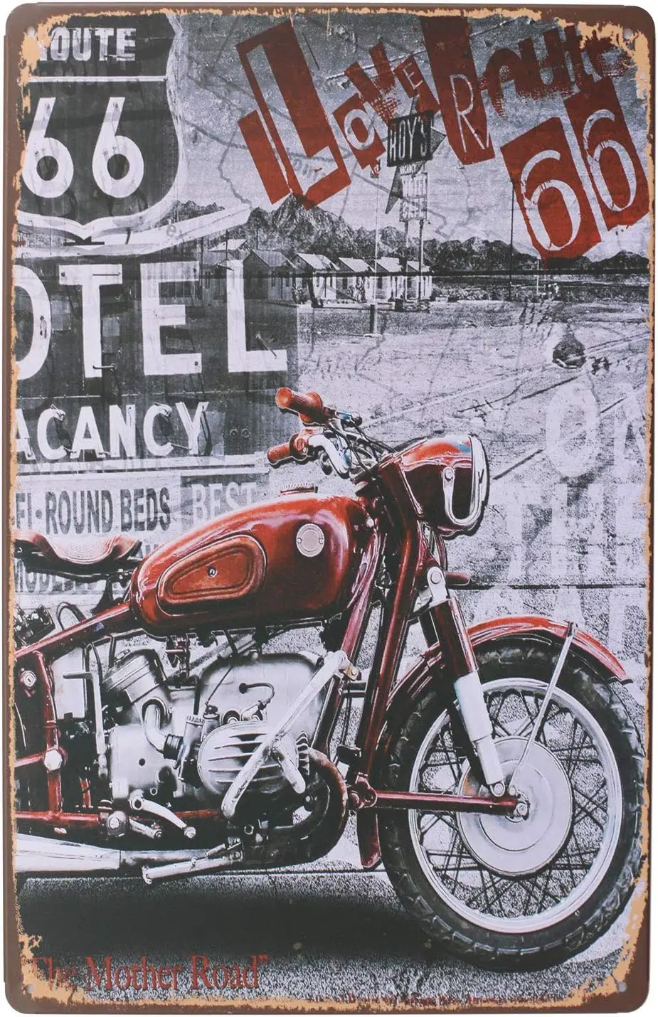 SUMIK Retro Rustic Style Motorcycle Love Route 66 Metal Tin Sign, Vintage Art Poster Plaque Garage Home Wall Decor--Tin Sign