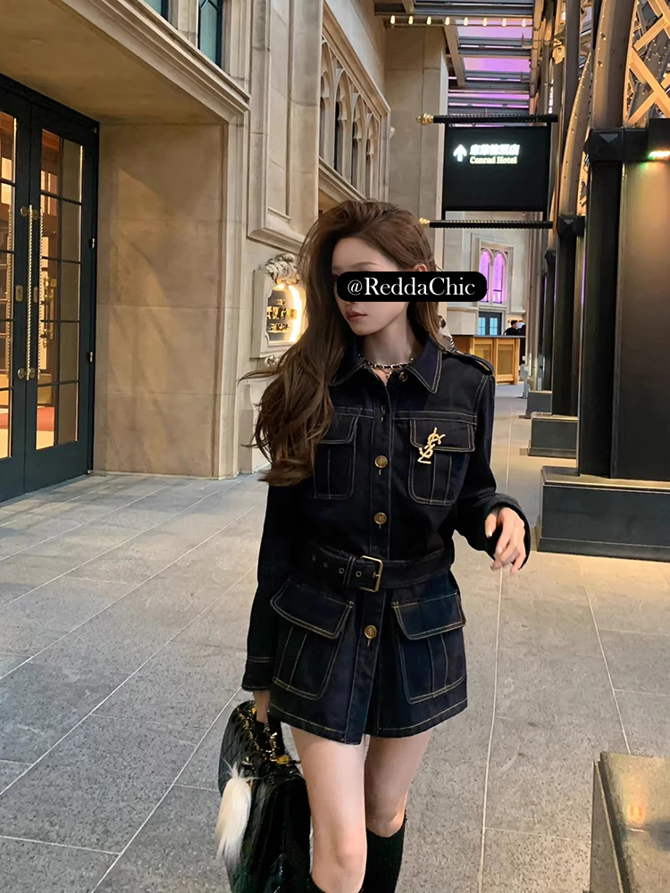 REDDACHiC Cargo Pockets Belted Mini Dress for Women Classic Button Down Long Sleeves Denim Shirt One-piece Work Casual Clothes