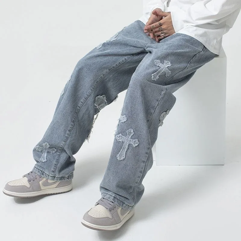 High Street Men Trousers Cross Patch Jeans Hip-hop Handsome Explosive Street Straight Tube Loose Wide Leg Motorcycle Pants