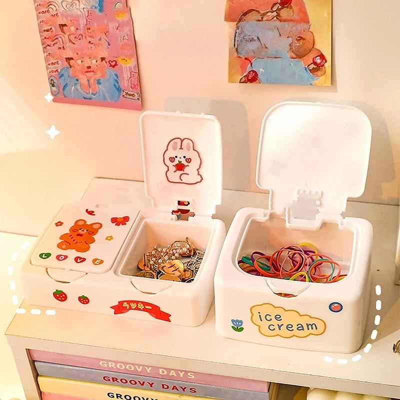 صندوق منظم مكتب كرتوني كاواي، صندوق تخزين مستحضرات التجميل مع غطاء منظم مجوهرات صغير، حاوية مكياج لمستحضرات التجميل