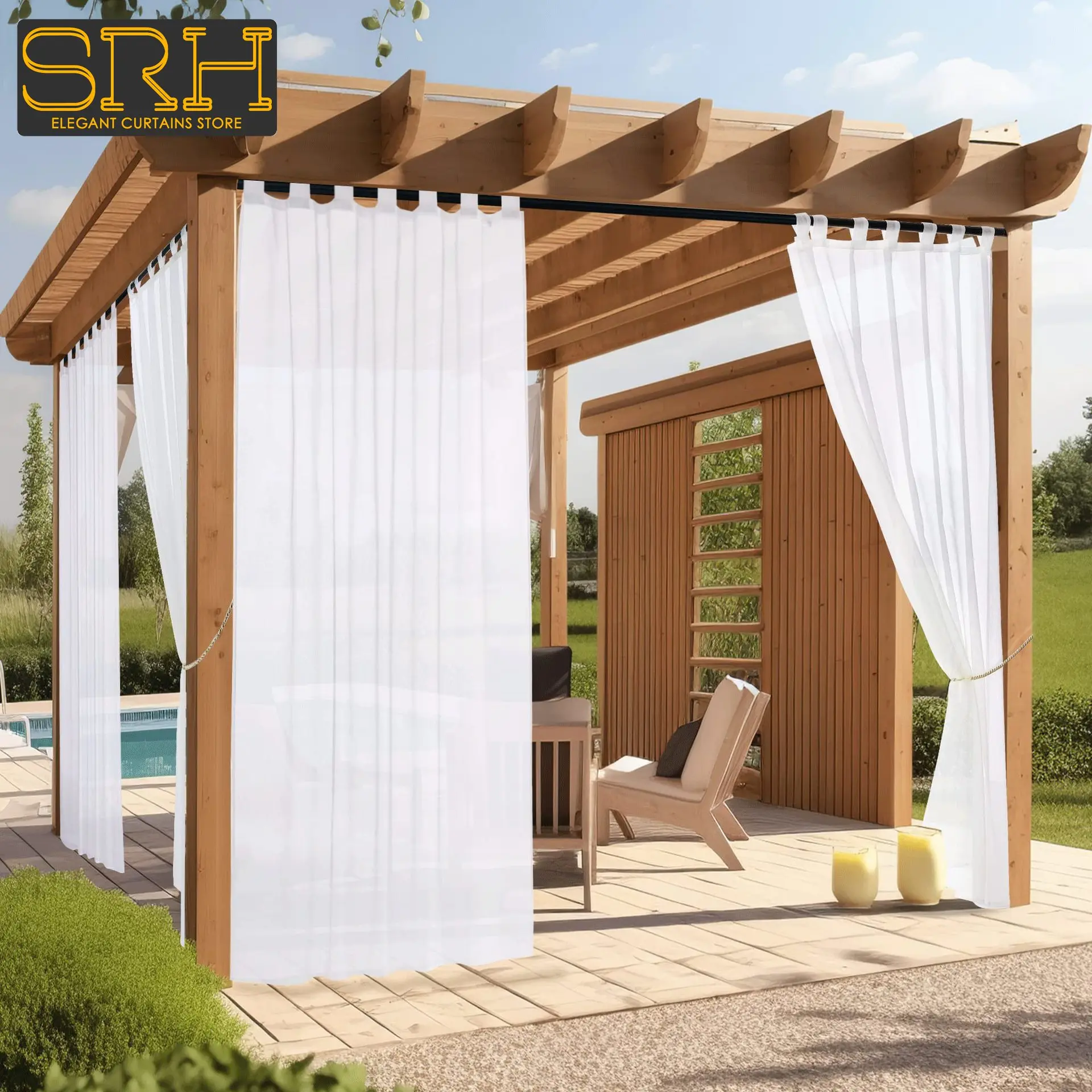 Waterproof White Window Screen Terrace Outdoor Pavilion Translucent Gauze Curtain Top Tab Design Swimming Pool Custom Curtain