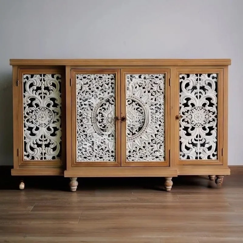 retro home entrance cabinet, carved and decorated against the wall, large space locker