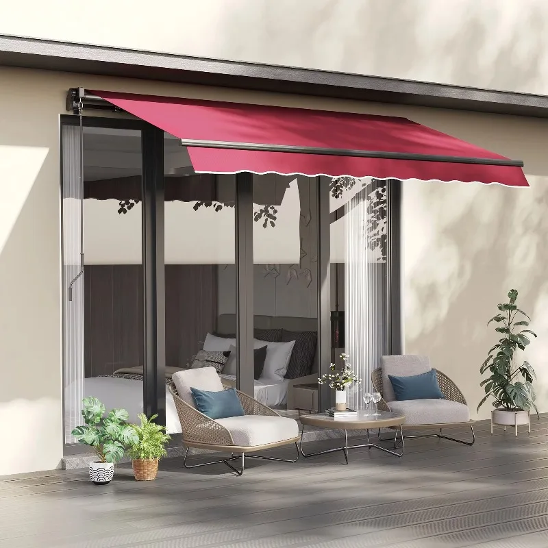 2026 Manual Retractable 10'x8' Patio Awning Easy Crank Red UV Protection Sun Shade Tent For Patio Deck Yard