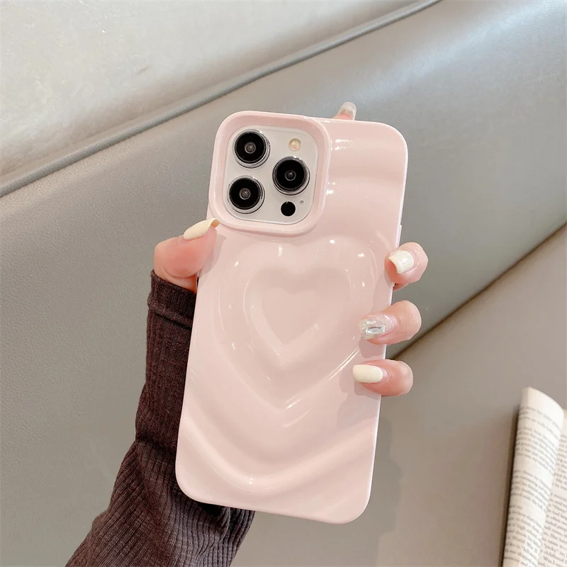 

Fashion Fold Wrinkle 3D Love Heart Silicone Phone Case For iPhone 16E 15 14 13 12 16 Pro Max Plus Soft Shockproof Protecti Cover