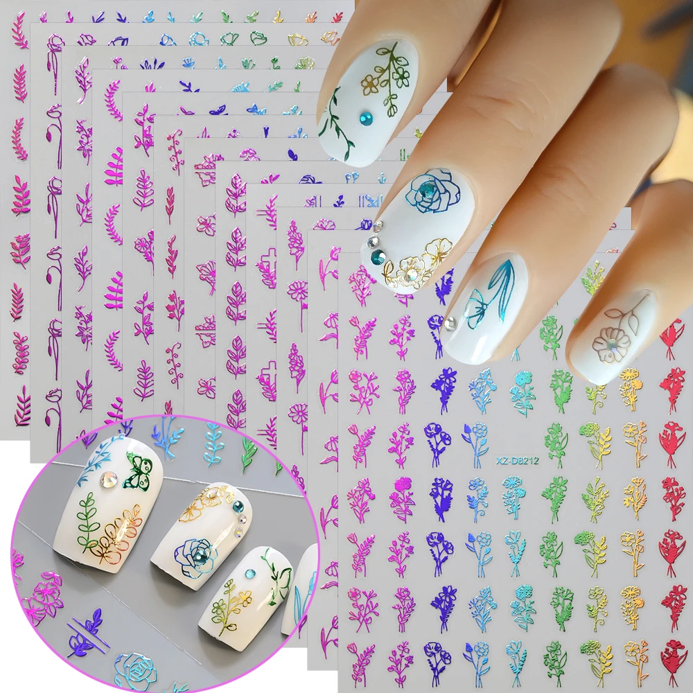 12PCS 3D Gradiënt Regenboog Bloemen Nail Art Stickers Vlinders Bladeren Rozen Nagelstickers Zelfklevende Kleurrijke Manicure Slider