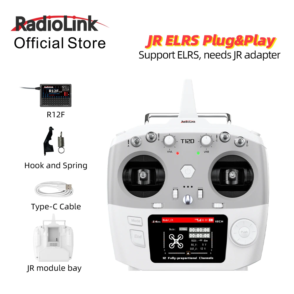 RadioLink T12D JR Module 12CH 2.4GHz RC Transmitter & R12F 8 Programmable Mix FHSS 50 Models 4KM for FPV Fixed Drone Car Boat