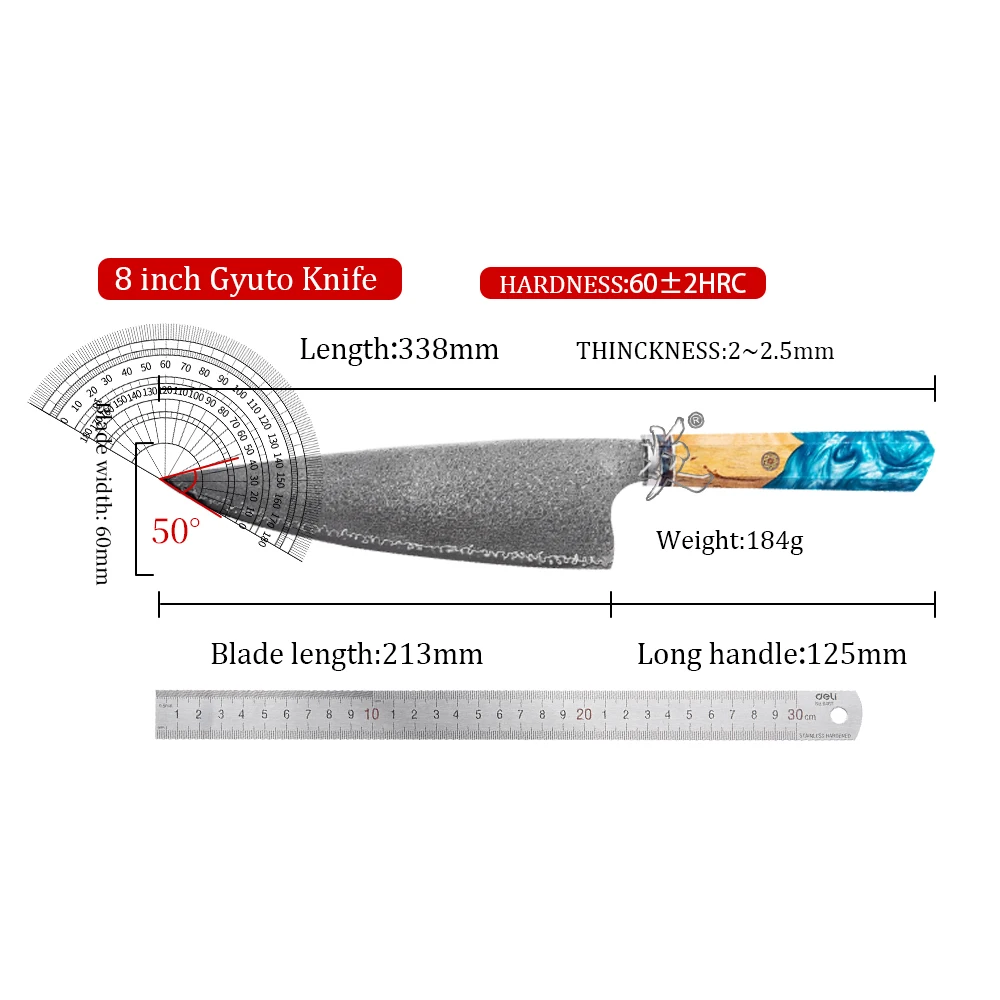 YAN Professional 8 inch Gyuto Knife Japanese Damascus VG10 Knife chef Kitchen Knife Octagonal Maple Burl Wood Composited Resin