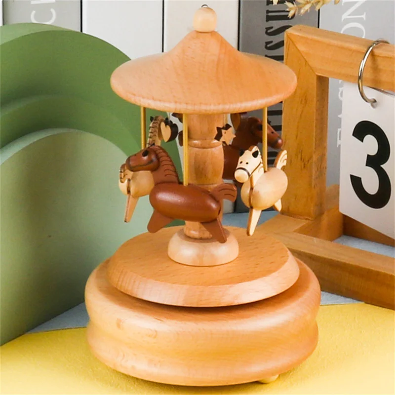 Wooden Carousel Music Box Ornaments Rotatable Hand-cranked Music Box DIY Handmade Birthday Christmas Gift Children’s Toys....