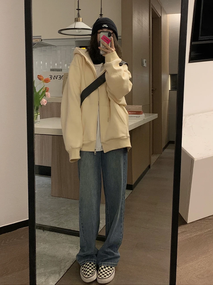 American Retro Long Sve Hoodie Jaet Women's Autumn Winter New Loose Open Cardigan Top Cotton Polyester Blend Zipper Closure