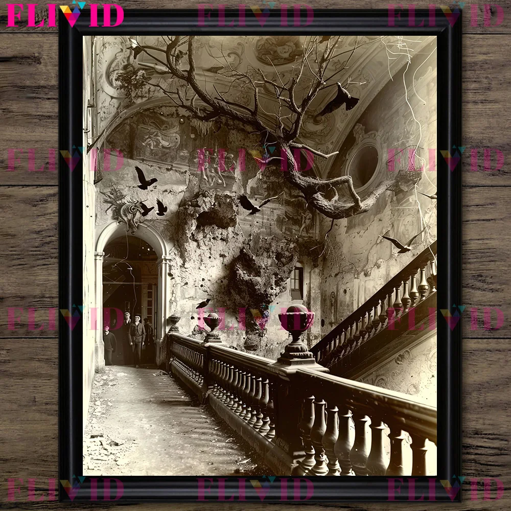 Peinture sur toile d'art mural de photographie vintage de maison hantée ruinée, impression d'affiche