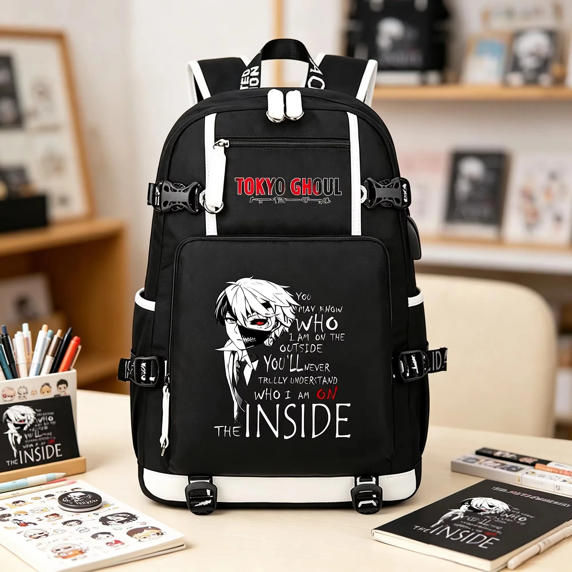 Tokyo Ghoul Oxford Students Backpack USB Charging Port Large School Bags Bookbag Laptop Travel Bagpack Men Black Shoulder Bag
