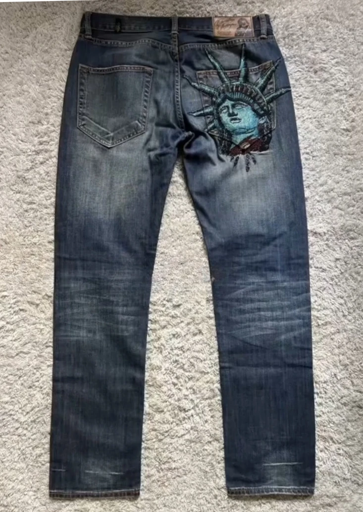 

American 2000s Statue of liberty Diamonds Jeans Casual Denim Pants Straight Wide Leg Jeans Harajuku Y2k Vintage Women Clothing