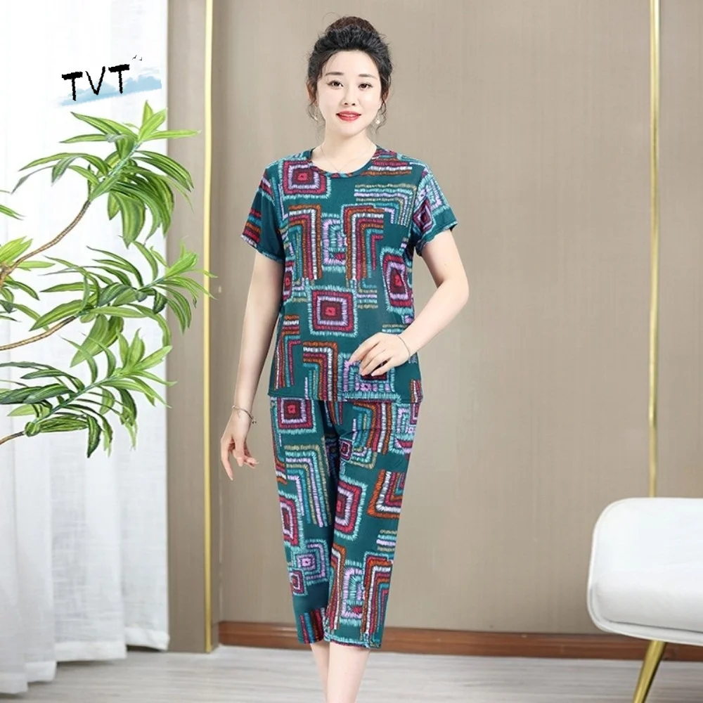

Clothes Set Plus Size Elderly T-shirt Sets Stripe Loose Women Two Piece Set Short-sleeved Summer Mother's Pajamas Home Wear