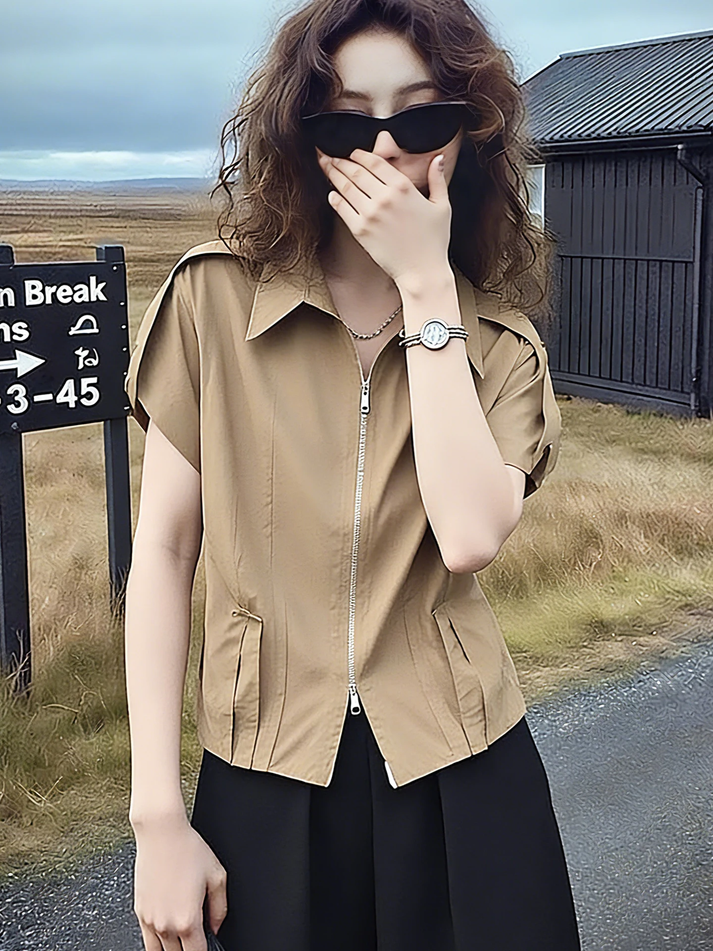 

Fashionable Zipper Short Sleeve Women's Shirt Loose Casual Slimming Spring Summer New Style Korean Version Commute Style Shirt