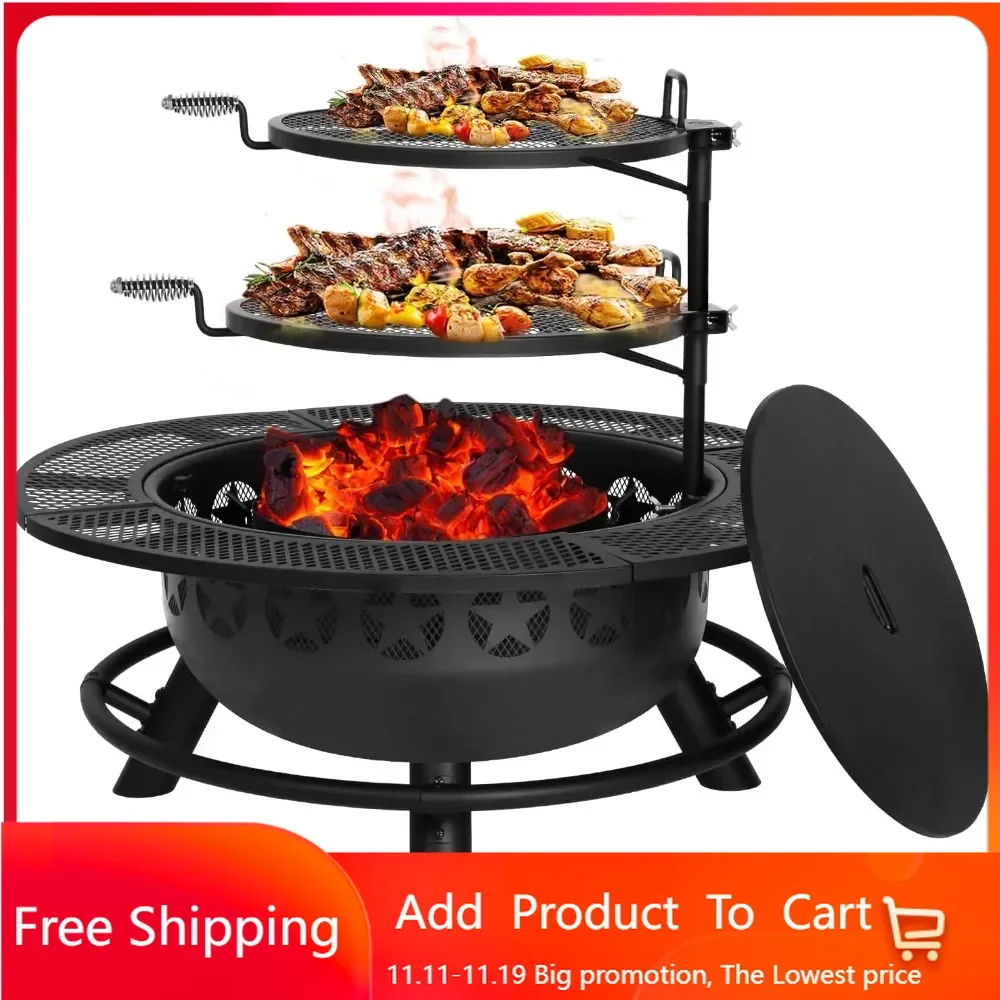 35 Inch Fire Pit with Cooking Grate & Charcoal Pan, Outdoor Wood Burning BBQ Grill Firepit Bowl with Cover Lid