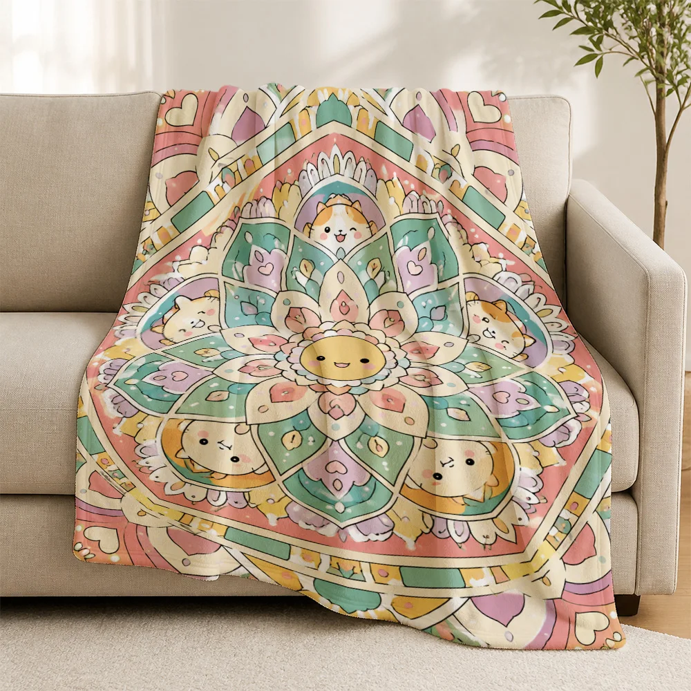 Cute Boho Mandala Throw Blanket for Sofa Couch Decorative Pastel Cartoon Print Cozy Nursery Throw Decor Gift