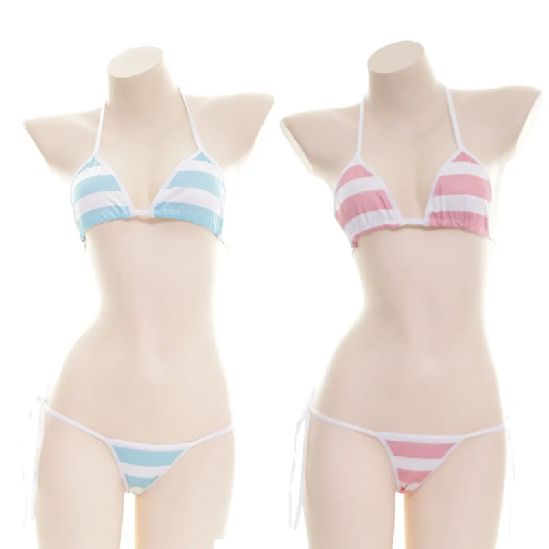 

Sexy Bikini Set Women Underwear Pink Blue Stripe Cute Lingerie Micro Bikinis Swimwear Japanese Schoolgirl Anime Cosplay Costume