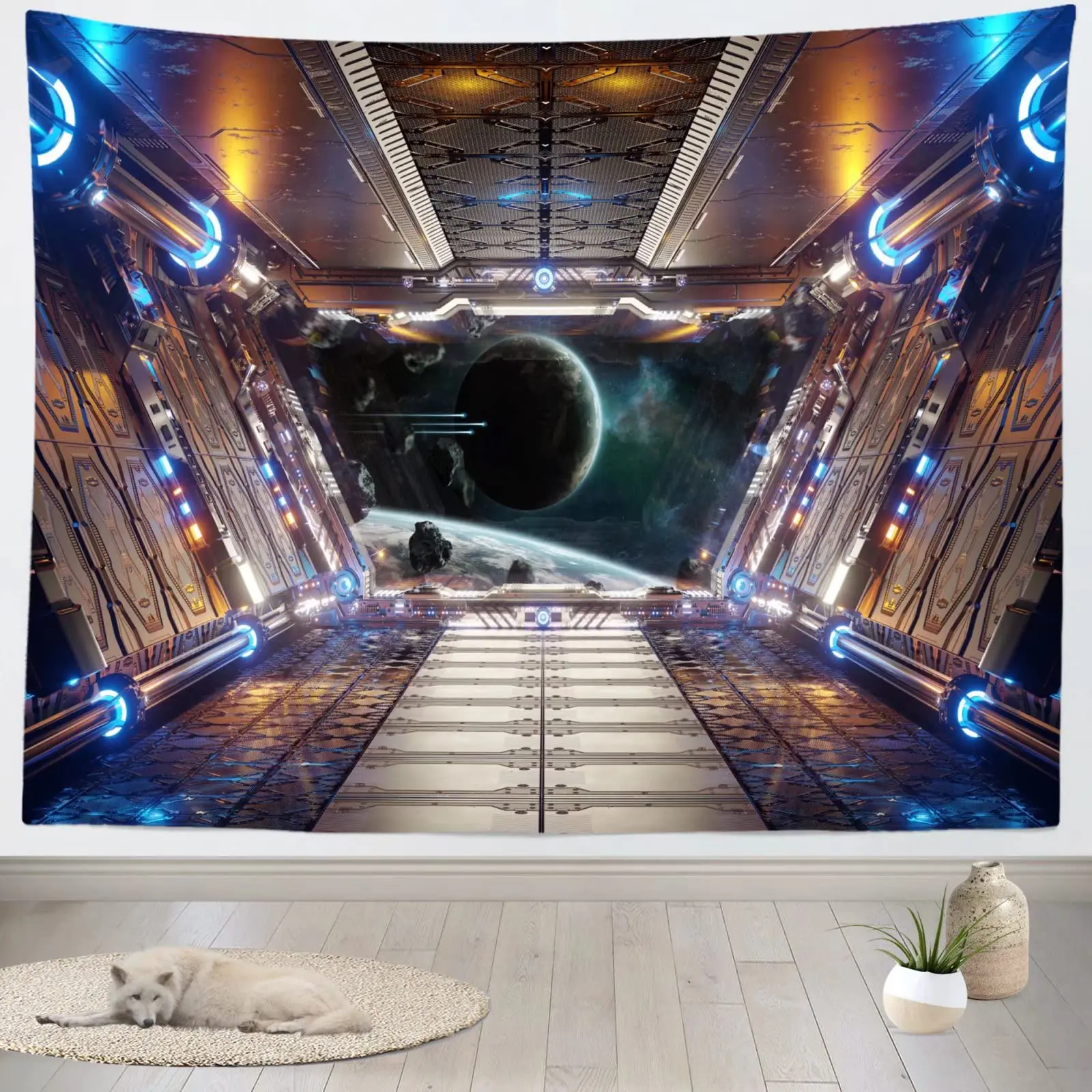 Futuristic Tapestry SciFi Corridor Space Ship Tapestry Space Station Tapestry Wall Hanging for Bedroom Living Room Dorm Decor