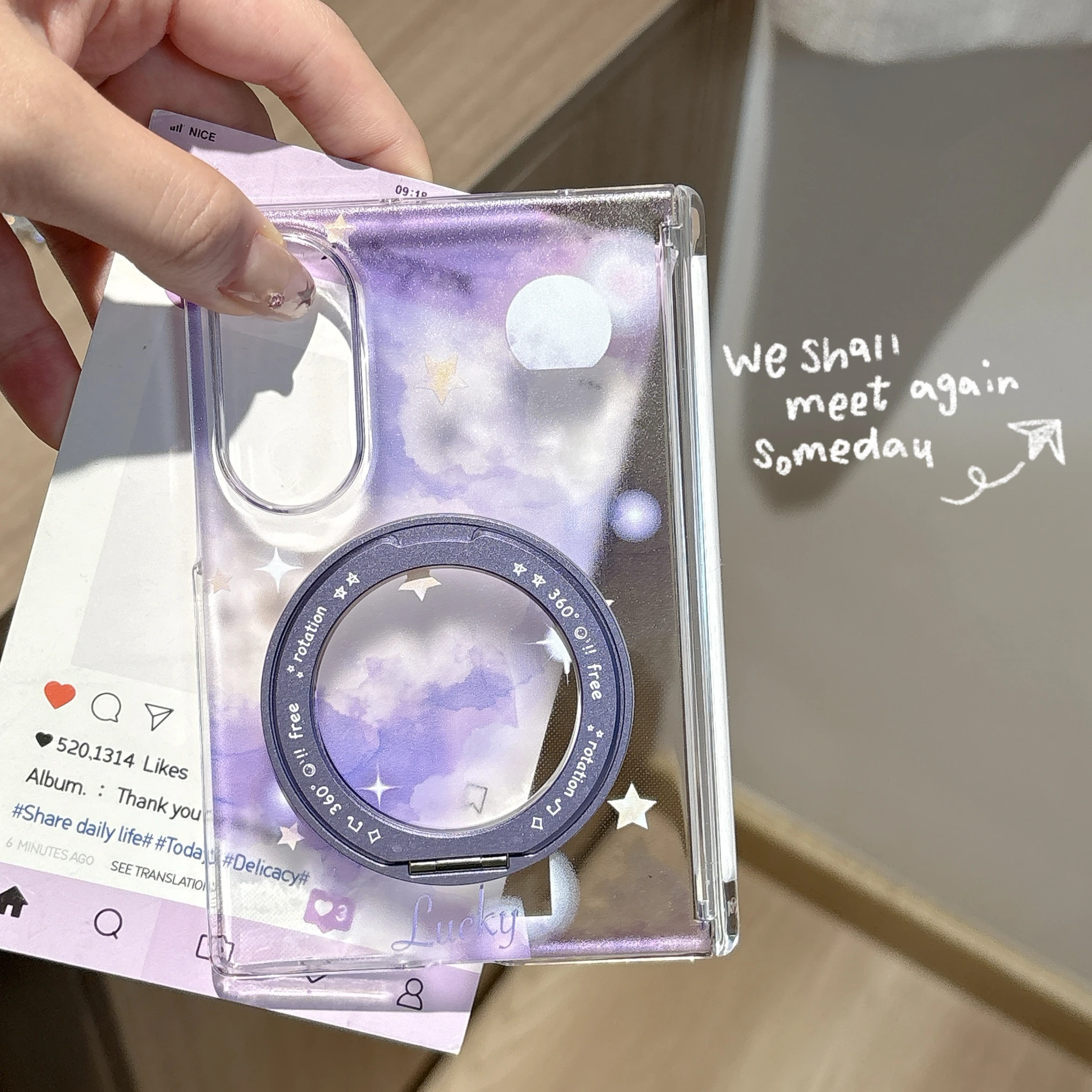 Lucky Text Print Purple Cloud Star Phone Case For Samsung Galaxy Z Fold 8 7 6 5 With 360° Rotatable Stand Beaded Chain Cover