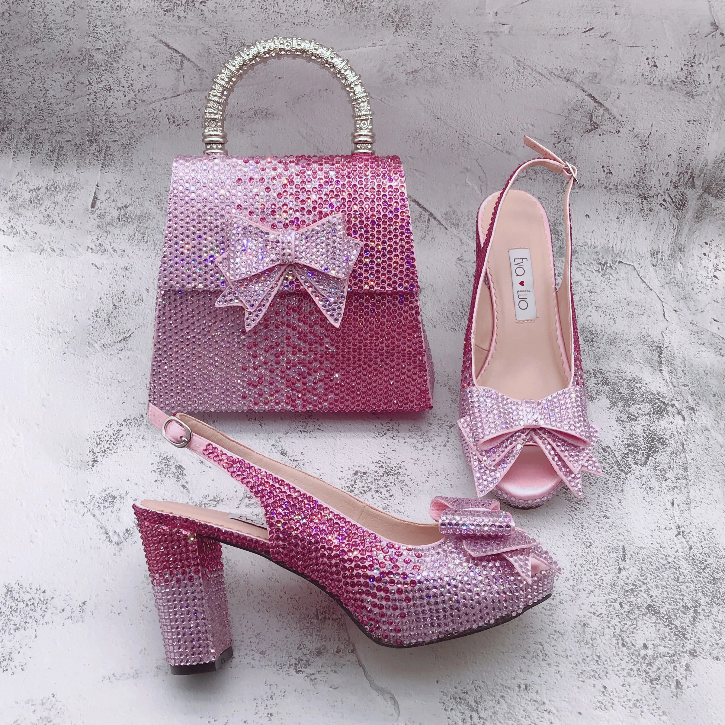 

BS1690 Custom Handmade High Heel Women Shoes Dress Pumps Bridal Wedding Shoes Fuchsia Pink Crystal Shoes With Matching Bag Set