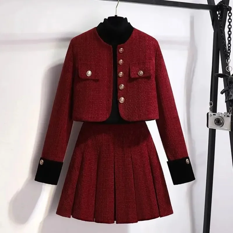 Skirts Sets Spring Autumn Female Small Fragrant Style Red Outfit Korean Women Fashion Short Jacket + Pleated Skirts Suits 2PCS
