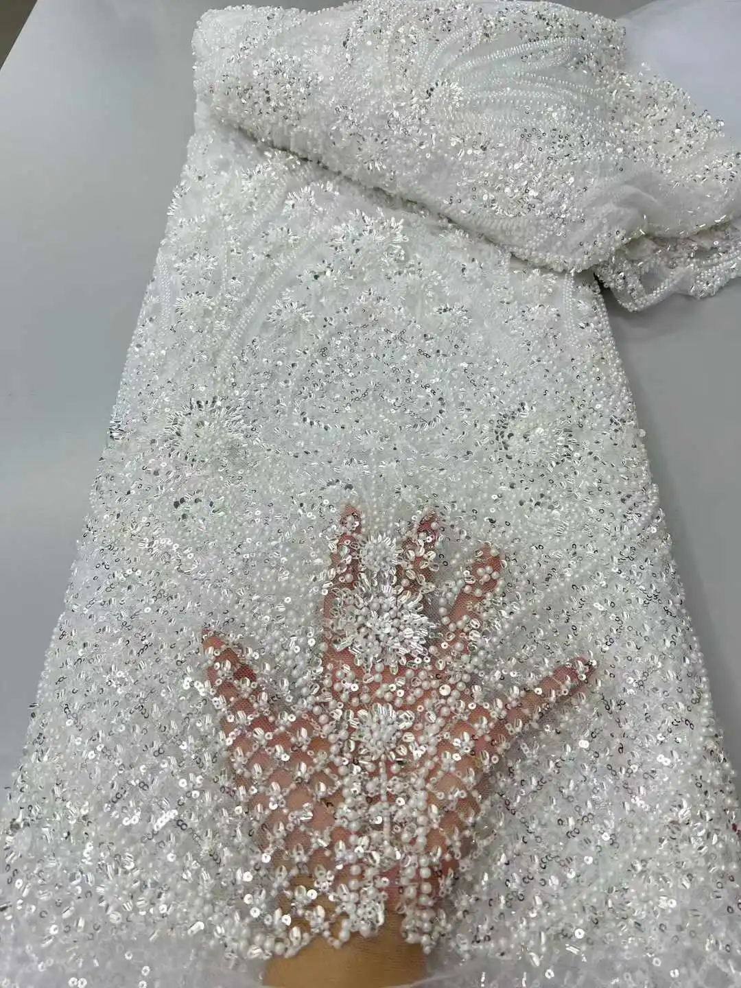 Роскошная африканская кружевная ткань, белый тюль, кружевная ткань, 2025 5 ярдов, тяжелый тюль с блестками и бисером, кружево для вечерние свадебных платьев A1697