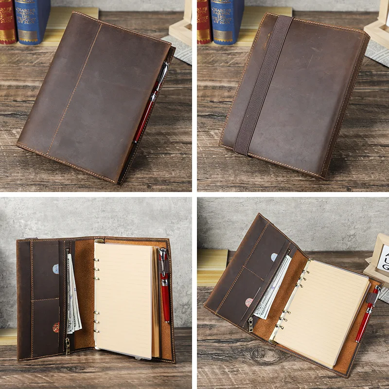 A5 Genuine Leather Notebook Cover Crazy Horse 6-Ring Refillable Binder Handmade Cowhide Folio Organizer Office School Supplies