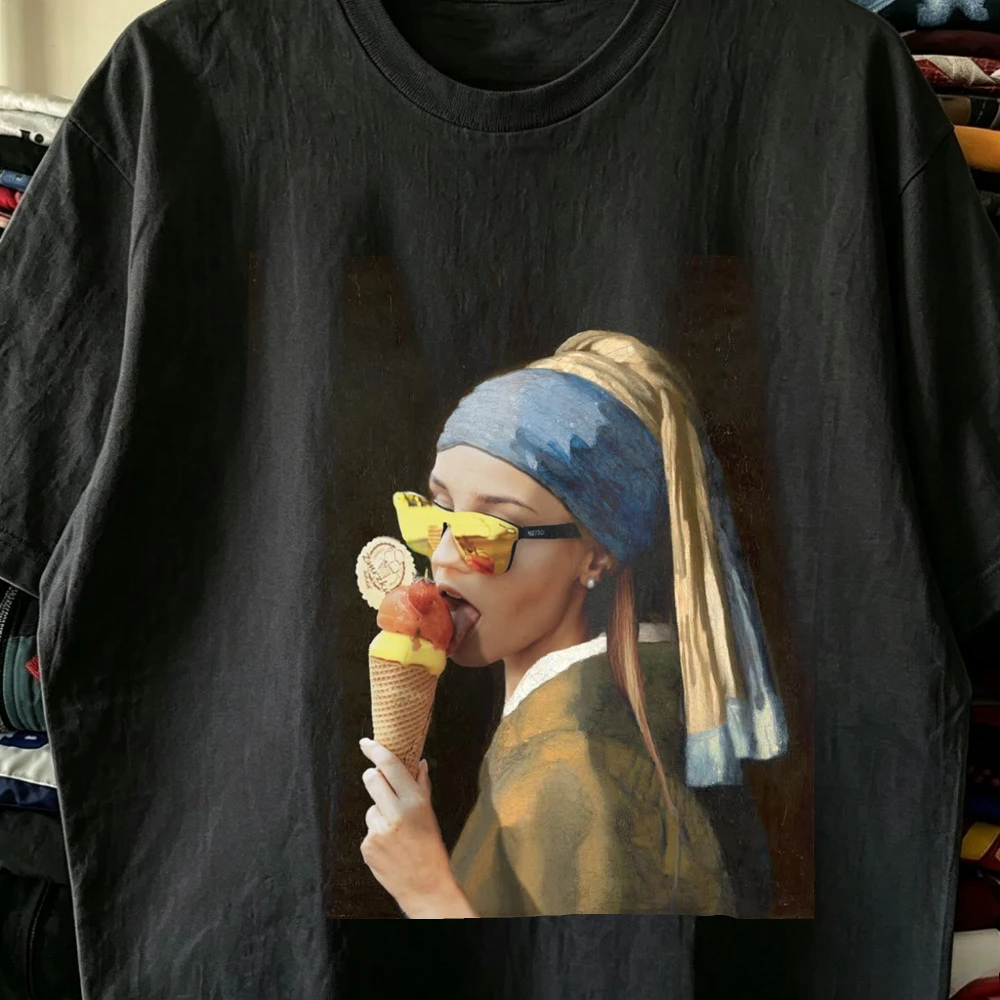 Modern Girl With Pearl Earring Wearing Sunglasses Eating Ice Cream Women Loose Fit T Shirt Fashion Retro Art Parody Top