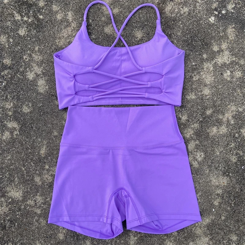 Solid Color gym bike Yoga Set short Legging +cross sport bra Tracksuit  Athletic Women Gym Suit Comprehensive Training Jogging