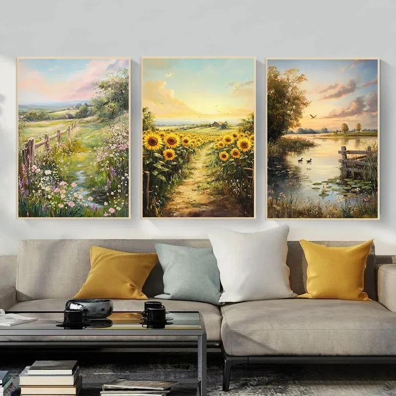 1pc frameless Canvas Painting Vintage Classic Countryside Coastal Landscape Poster Serene Nature Rustic Fields Wall Art for Gall