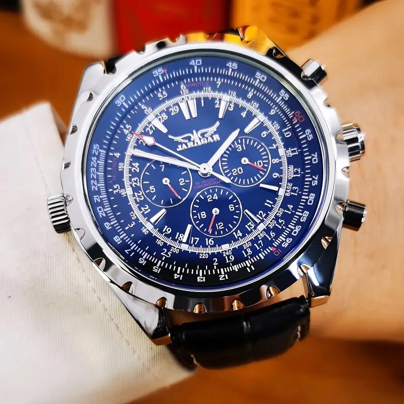 Reloj aviador de lujo para hombre: movimiento mecánico automático, pantalla de 24 horas, correa de cuero artificial: selección perfecta para uso comercial o informal