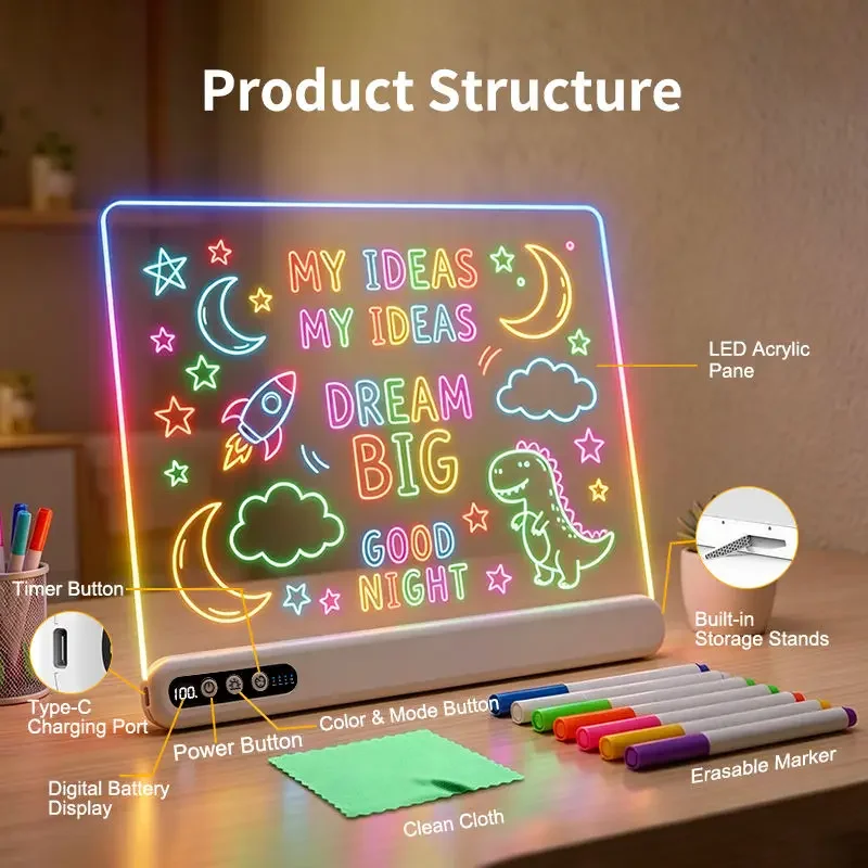 LED Drawing Board for Kids Rechargeable Light-Up Acrylic Neon Board with Timer and Built-in Stand Digital Battery