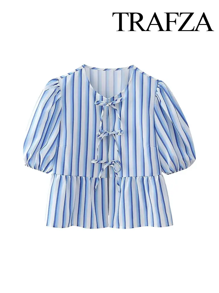 

TRAFZA 2024 Women's Summer Casual Striped Shirt Elegant Women's Short Puff Sleeve Tie Round Neck Versatile Top Street Shirt Y2K
