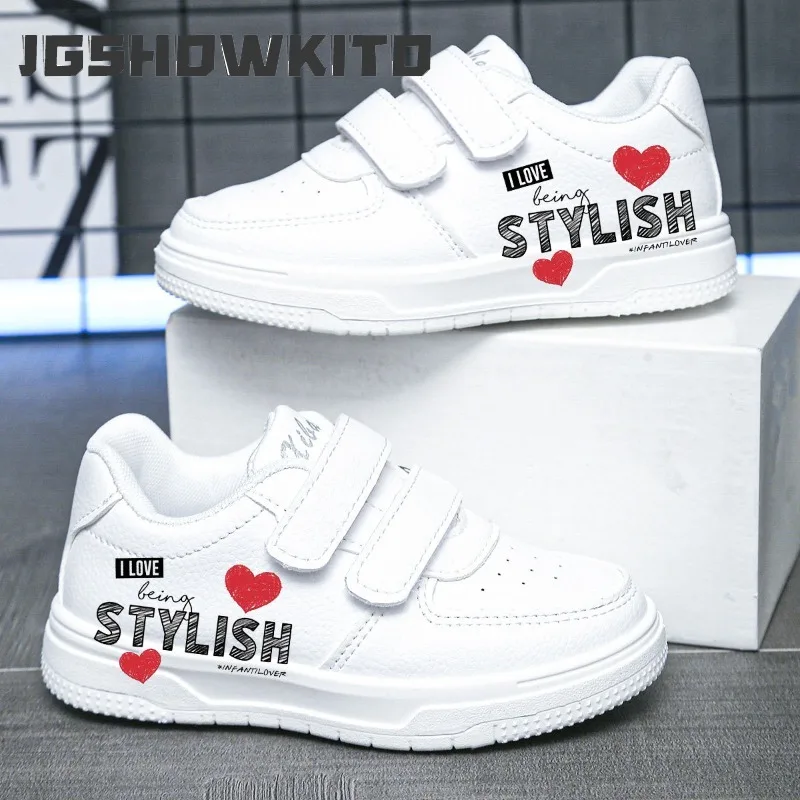 Fashion Classic Kids White Sneakers Red Heart Letters Print Hook & Loop Soft Sole Anti-Slip Children Casual Shoes for Boys Girls