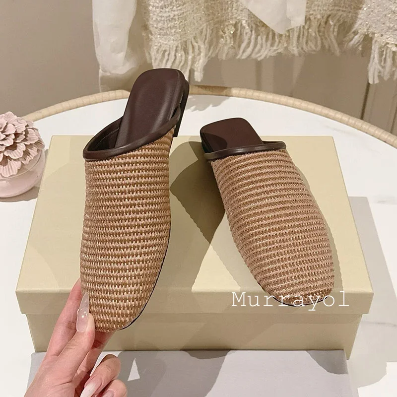 Lazy Mules Closed Toe Real Leather Weaving Half Slipper Women Retro Flat Bottom Autumn Vacation Walking Shoes Zapatos De Mujer