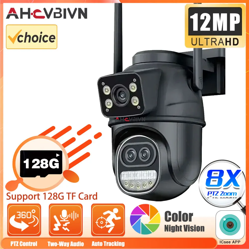 

12MP 6K WIFI Camera 8X Zoom Three Lens WiFi Security 4MP IP Camera Color Night Vision Ai Auto Tracking Surveillance Camera ICSee