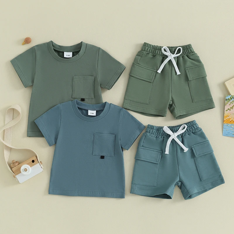 2Pcs Newborn Toddler Baby Boy Clothes Solid Pocket Short Sleeve T-Shirt Tops Jogger Pants Shorts Set Summer Outfits