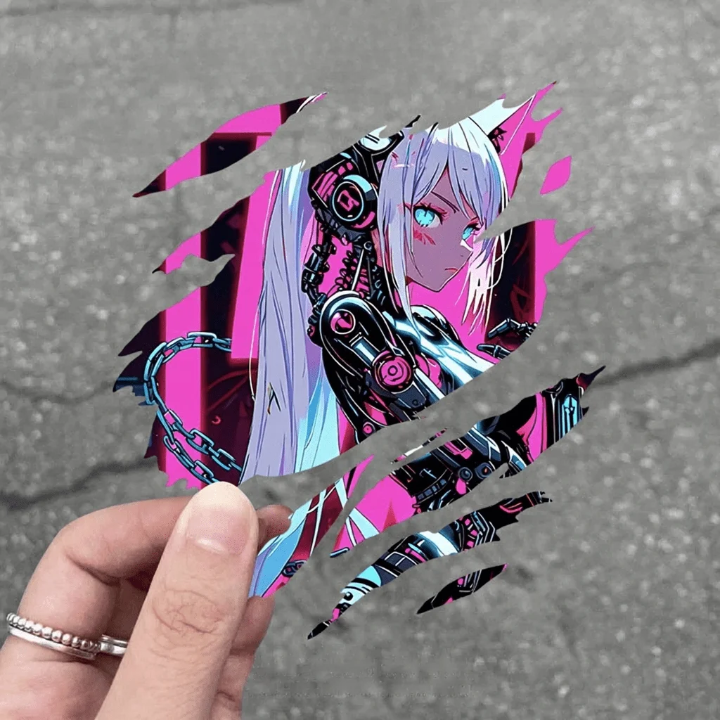 2D Flat Cyberpunk Anime Girl Vinyl Sticker 1Pc, Waterproof UV Resistant, for Car Helmet Laptop Luggage Decor, Holiday Gift