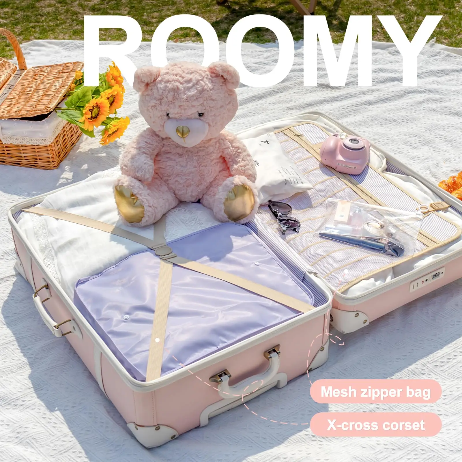 Urecity Retro Travel Suitcase Set of 2 Vintage Rolling Luggage for Women and Men Cute Trolley Suitcases With Handbag