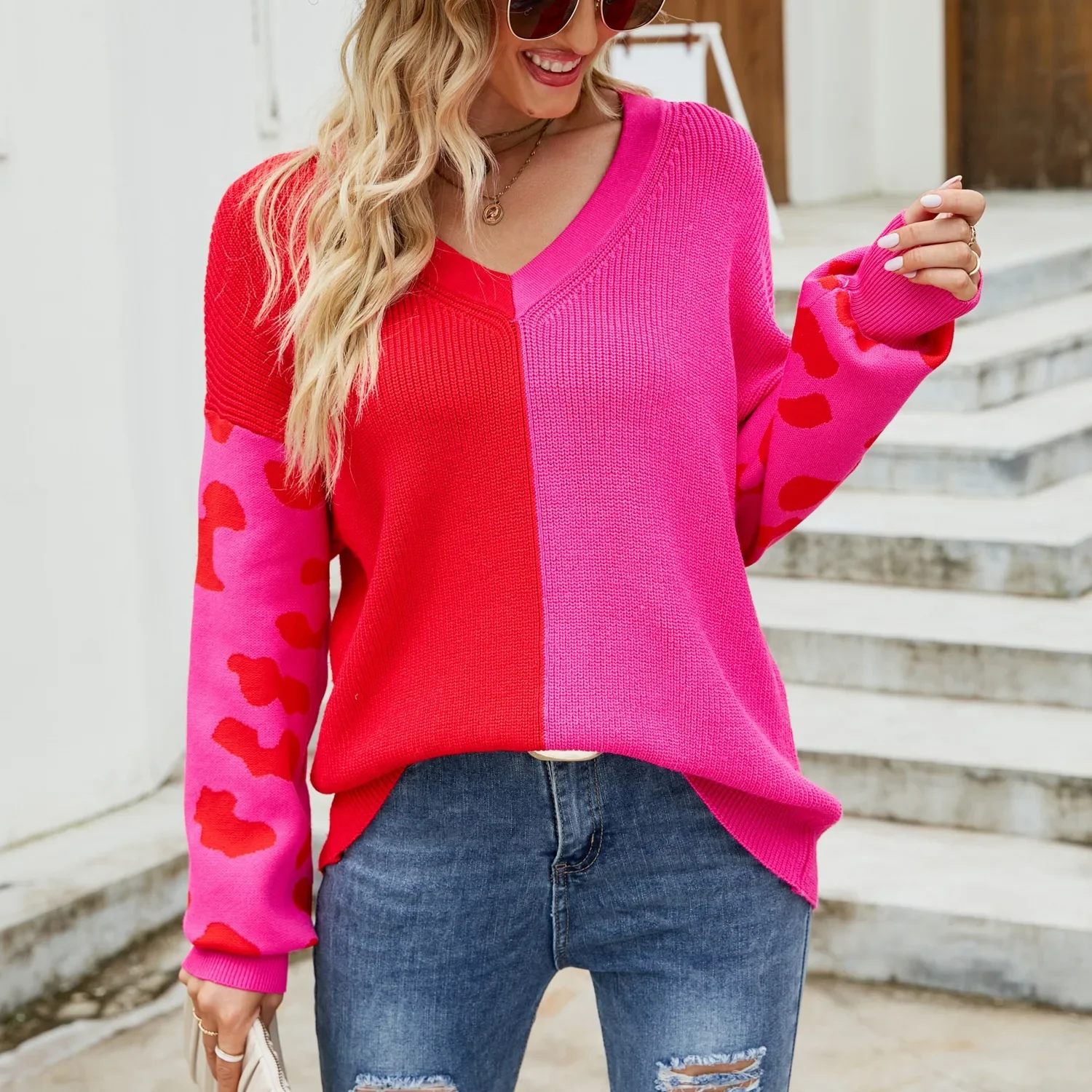 

2025 Women's New Spring Autumn Sweater Top Color Blocked Leopard Print V-neck Pullover Female Casual Soft Comfy Knitted Tops