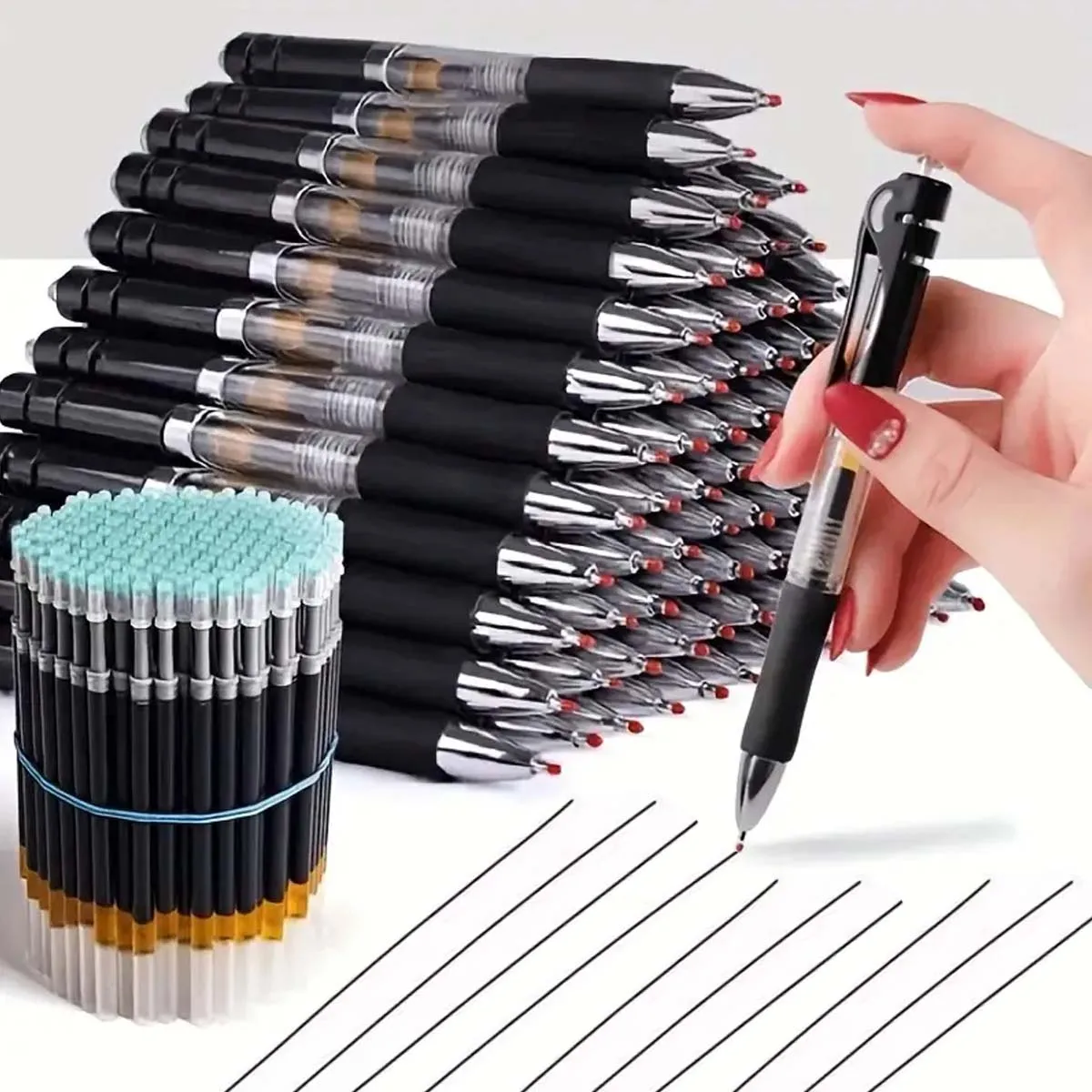 23Pcs/Set Large Capacity 0.5mm Retractable Ballpoint Pen, Black/Red/Blue Replaceable Refill, Student Writing Stationery Supplies