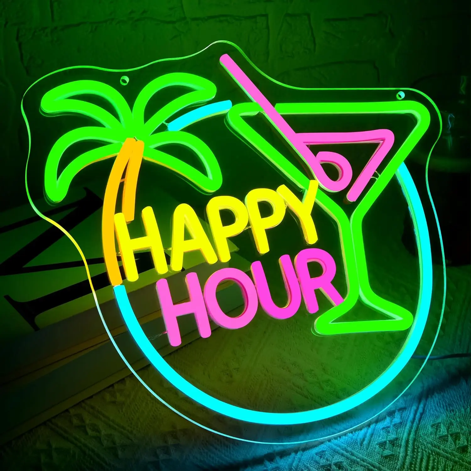 Happy Hour Neon Sign Dimmable Cocktail Neon Light Wall Decor for Man Cave Bedroom Bar Sign Home Beer Store Hotel Party Club Offi