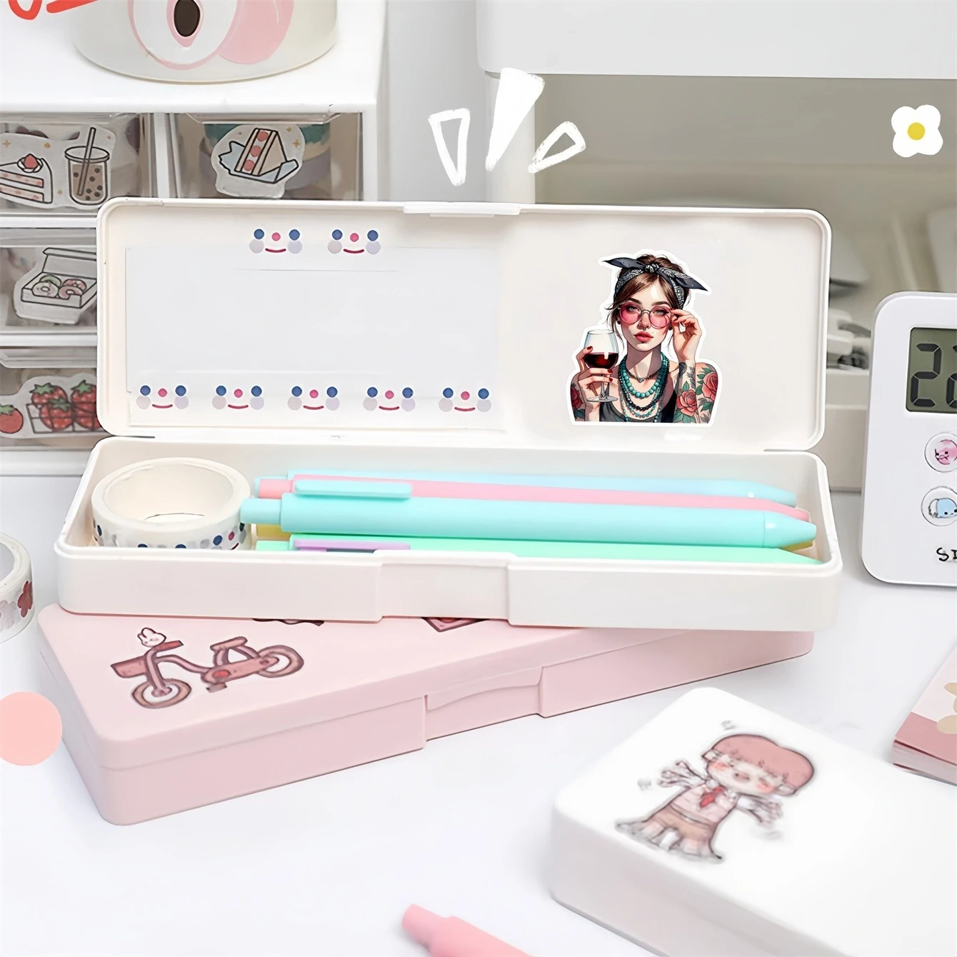 18Pcs DIY Fashionable Beauty, Bad Cool Tattoo Girl Stationery Stickers with Hand-Drawn Daily Life, Planner, Journal Decoration
