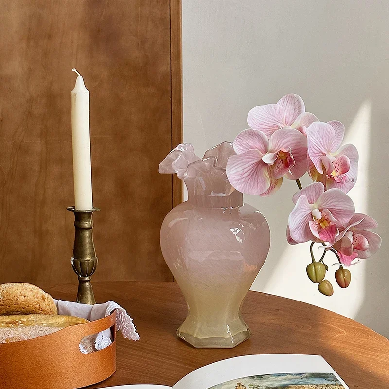 Pink Fenton glass vase, medieval mermaid Ji glazed flower ware, flower arrangement water decoration