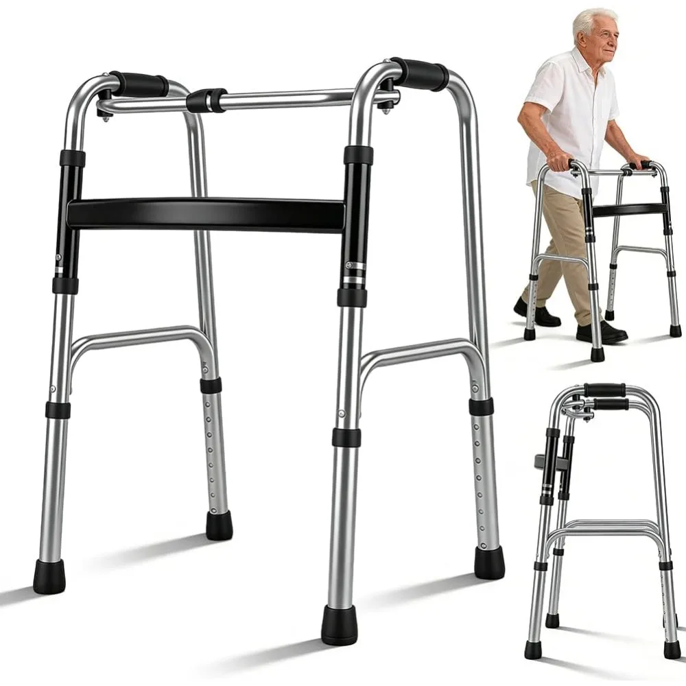 Cadre de marche pliable à charnières pour personnes âgées, déambulateur sans roues en aluminium, réglage de la hauteur sur 8 niveaux, base antidérapante et poignées ergonomiques, aide à la marche stable pour personnes âgées