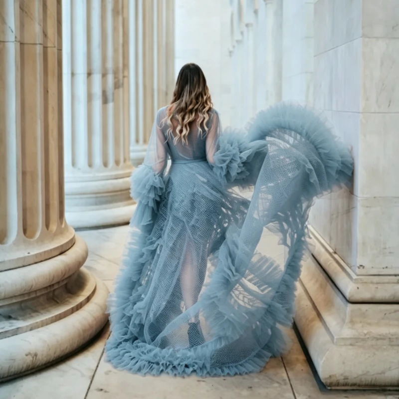 DUSTY BLUE Ruffle Tulle Robe Dress Photography Prop, Flowy Open Front Maxi Gown for Wedding ceremony Shoot, bridesmaid dress view 2